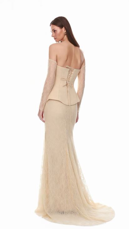 Bej Peplum Detaylı  Dantelli Abiye  Elbise